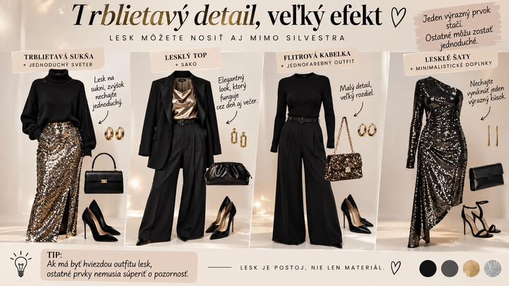 Ako v outfitoch kombinovať trblietavý detail